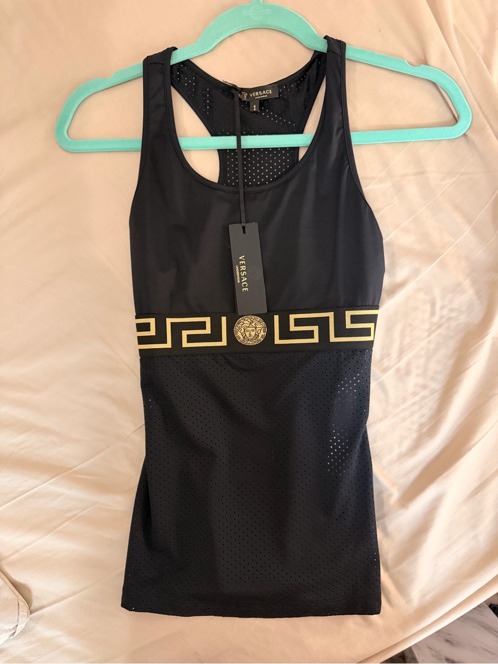 Versace Black Tank with Gold Greek Key Band and Medusa Medallion